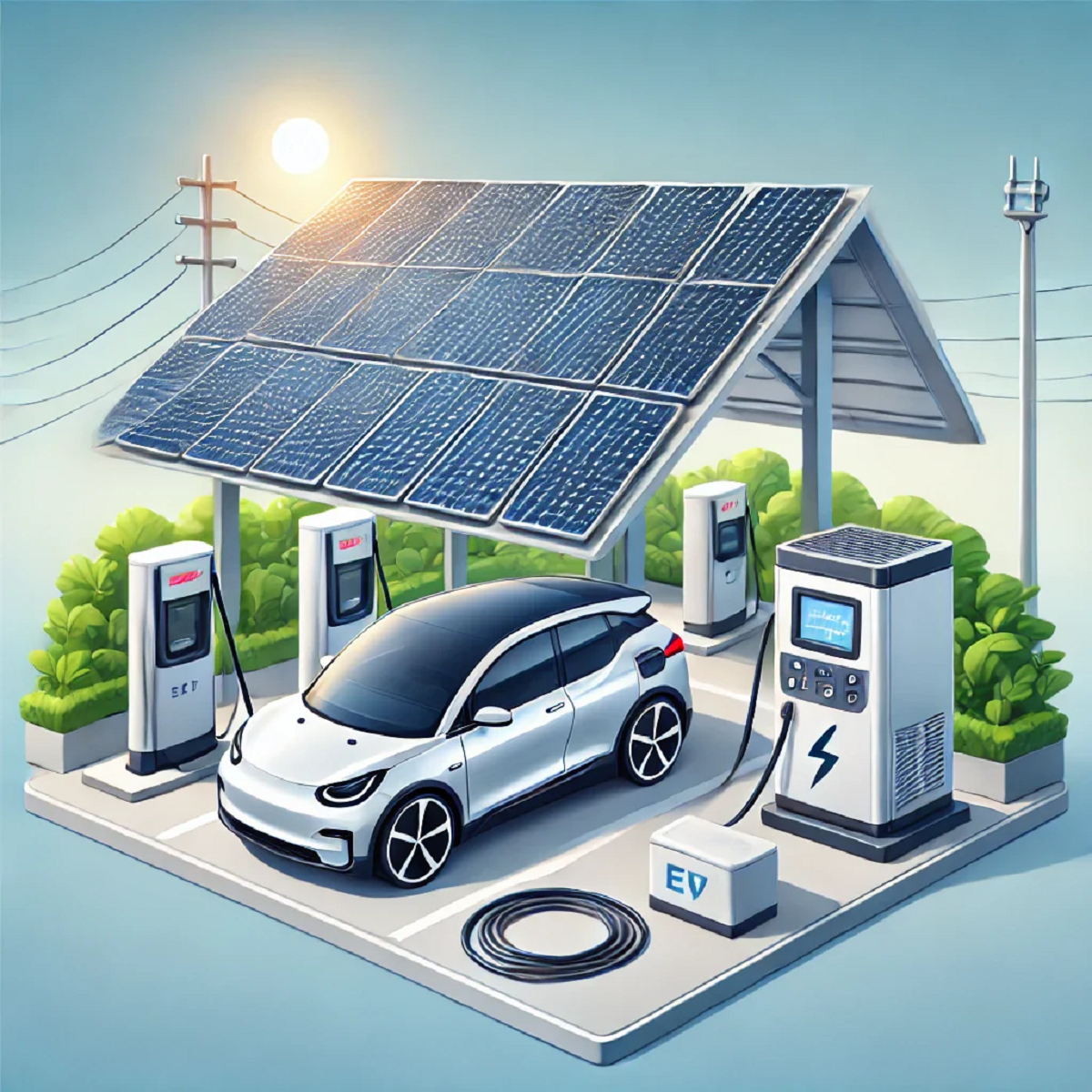 Electric car charging using solar panels, highlighting the use of renewable energy to power EVs.