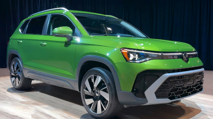 2025 Volkswagen Taos compact SUV in vibrant color, showcasing bold front grille and sleek design for urban driving.